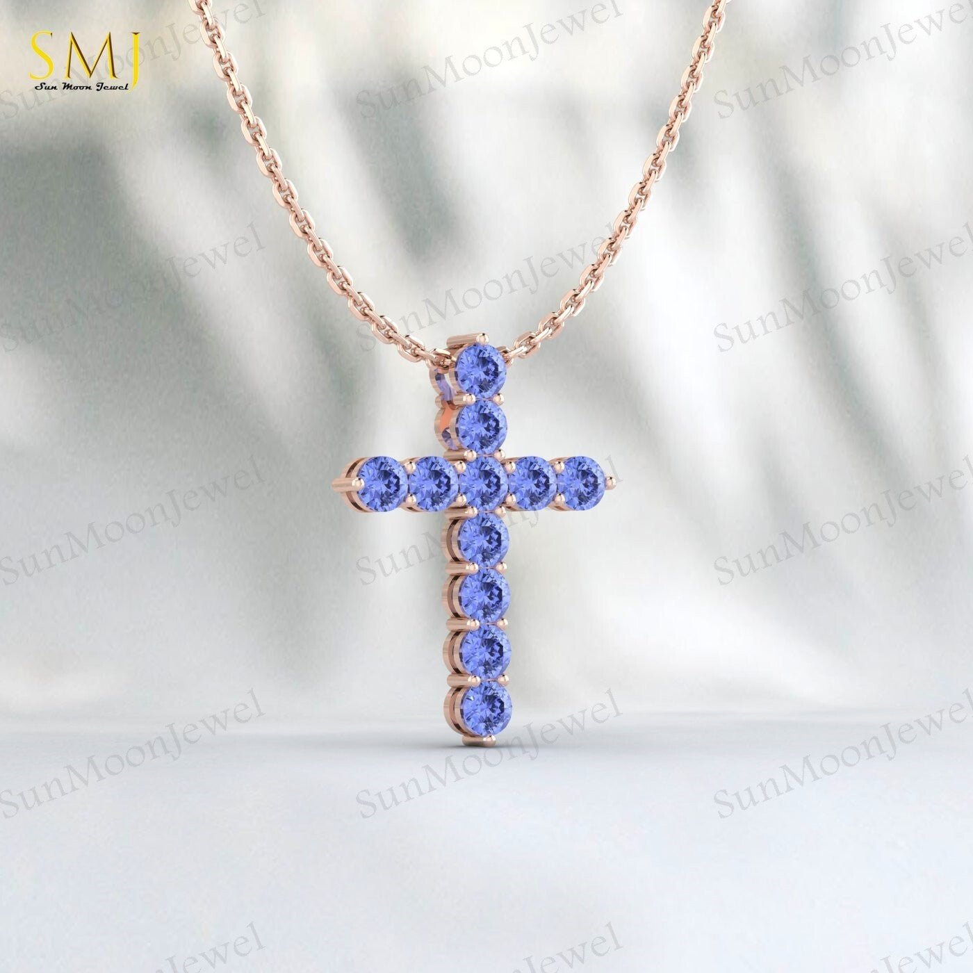 Natural Blue Tanzanite Cross Pendant 925 Sterling Silver Necklace