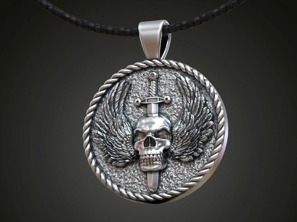 Gothic Mens Biker Skull Wings Pendant MENDEL Skull Wings Necklace Silver Jewelry