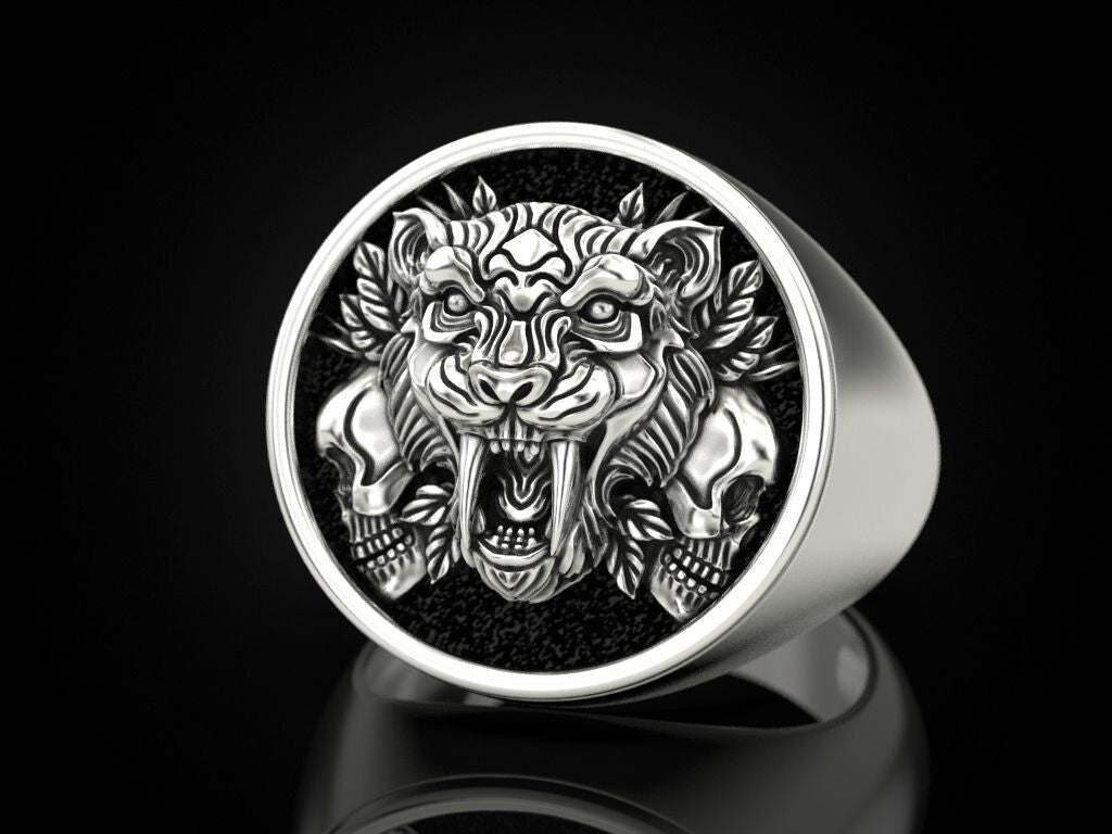 Saber Tooth Tiger Skull Ring 925 Sterling Silver Gothic Biker Rider Style US5~15