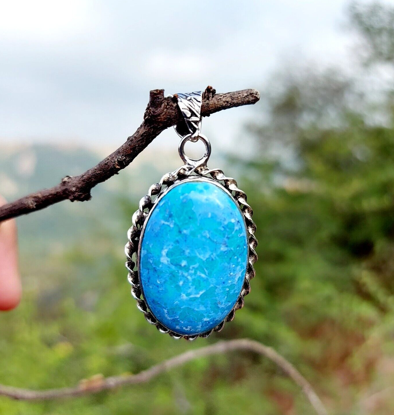 Oval Turquoise Sterling Silver Pendant Handmade Gemstone Celtic Rustic Mom Gift