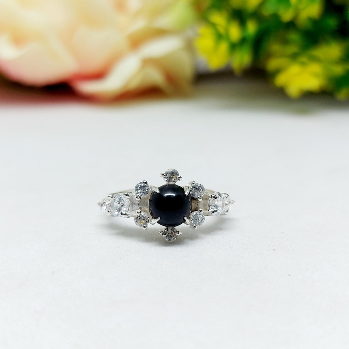 Natural Round Black Spinel Engagement Ring Cz Diamond 925 Sterling Silver Gift