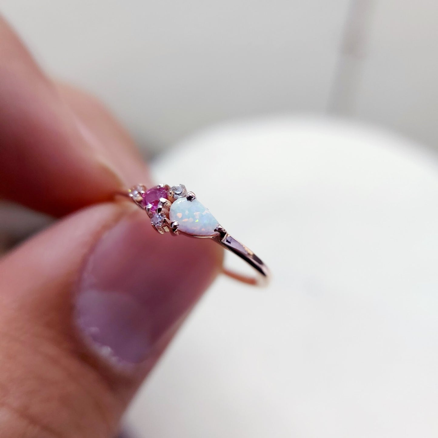 Pear Cut Opal and Pink Tourmaline Ring Gemstone Engagement Silver Ring Us5~ 15