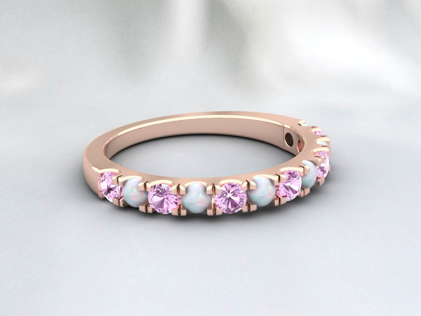 Natural Round Opal And Pink Sapphire Half Eternity Band Fine Silver Wedding Band