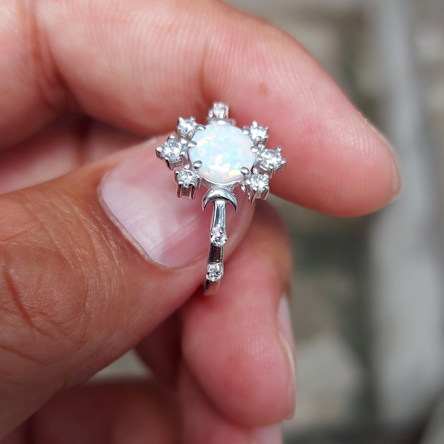 Natural Opal Ring Round Cut CZ Cluster 925 Silver Gift Ring US5~15 Vintage Look