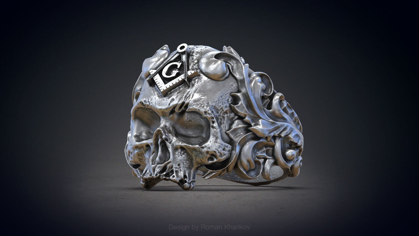 Silver Masonic Skull Ring US7-15 Solid Handmade Masonic Skull Ring For Men Women
