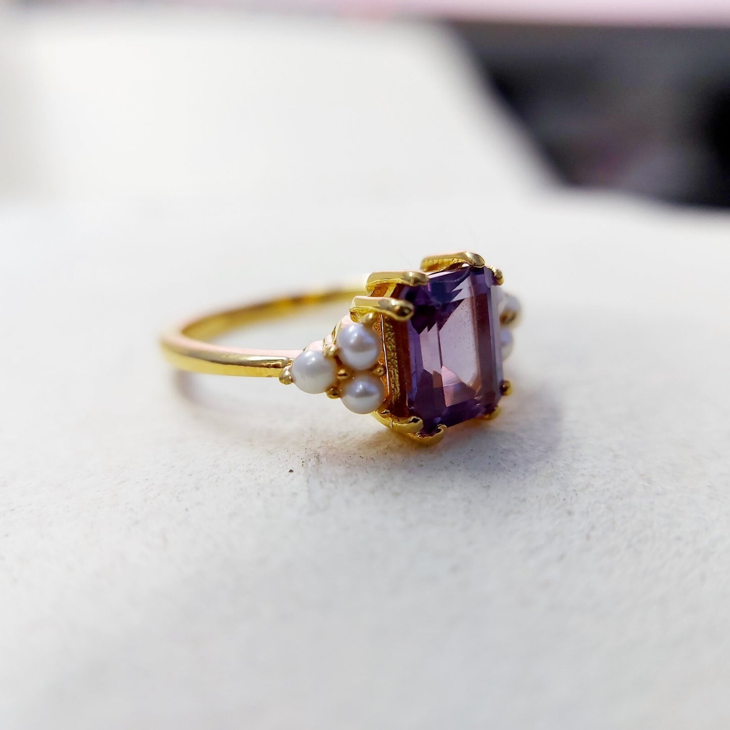 Emerald Cut Amethyst Pearl Ring 925 Silver Handmade Engagement Women Ring US5~15