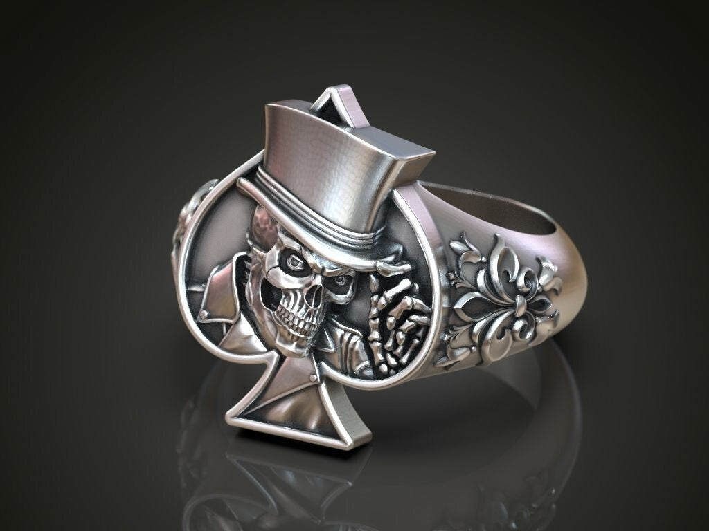 925 Silver Lucky Ace Spade Skull Hat Ring Casino Gothic Biker Poker Style US5~15