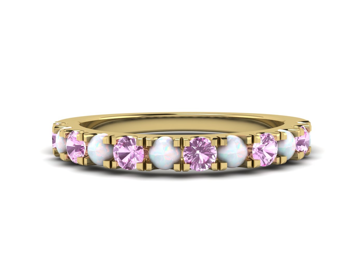 Natural Round Opal And Pink Sapphire Half Eternity Band Fine Silver Wedding Band