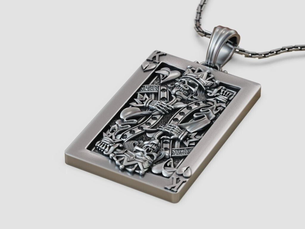 Silver Playing Card Undead King of Hearts Pendant Gift For Women Men Necklace