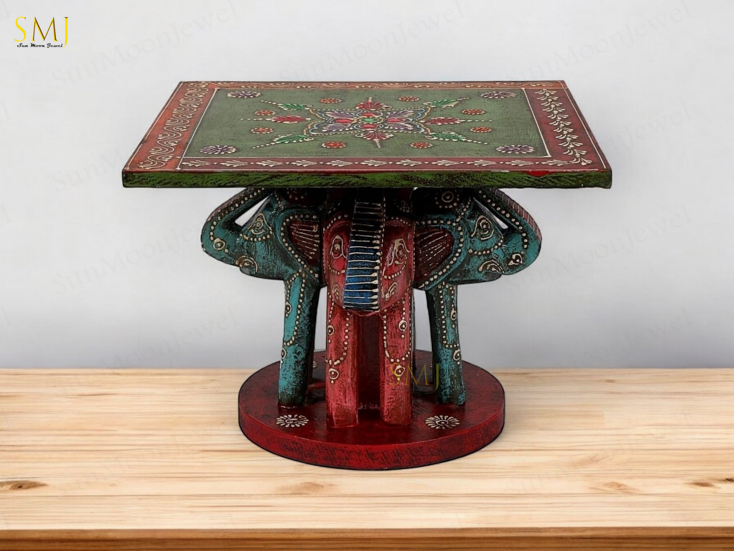 Elephant Top Table Square Teak Wood Elephant Table Hand Painted Elephant Gift