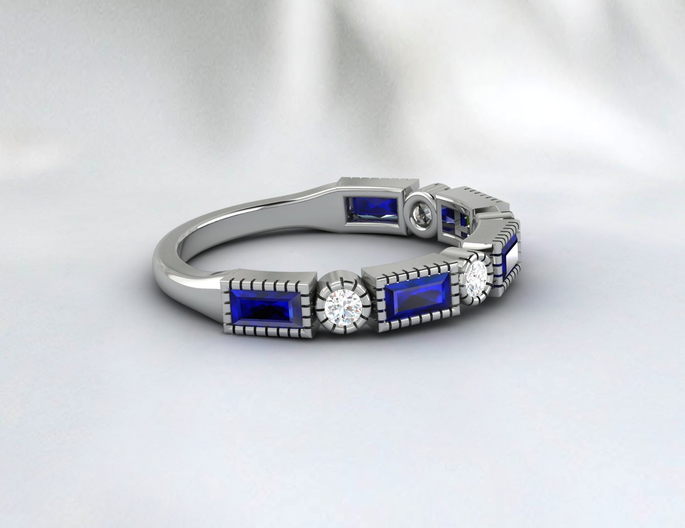 Baguette Sapphire & Cubic Zirconia Half Eternity Fine Silver Band Lab Created
