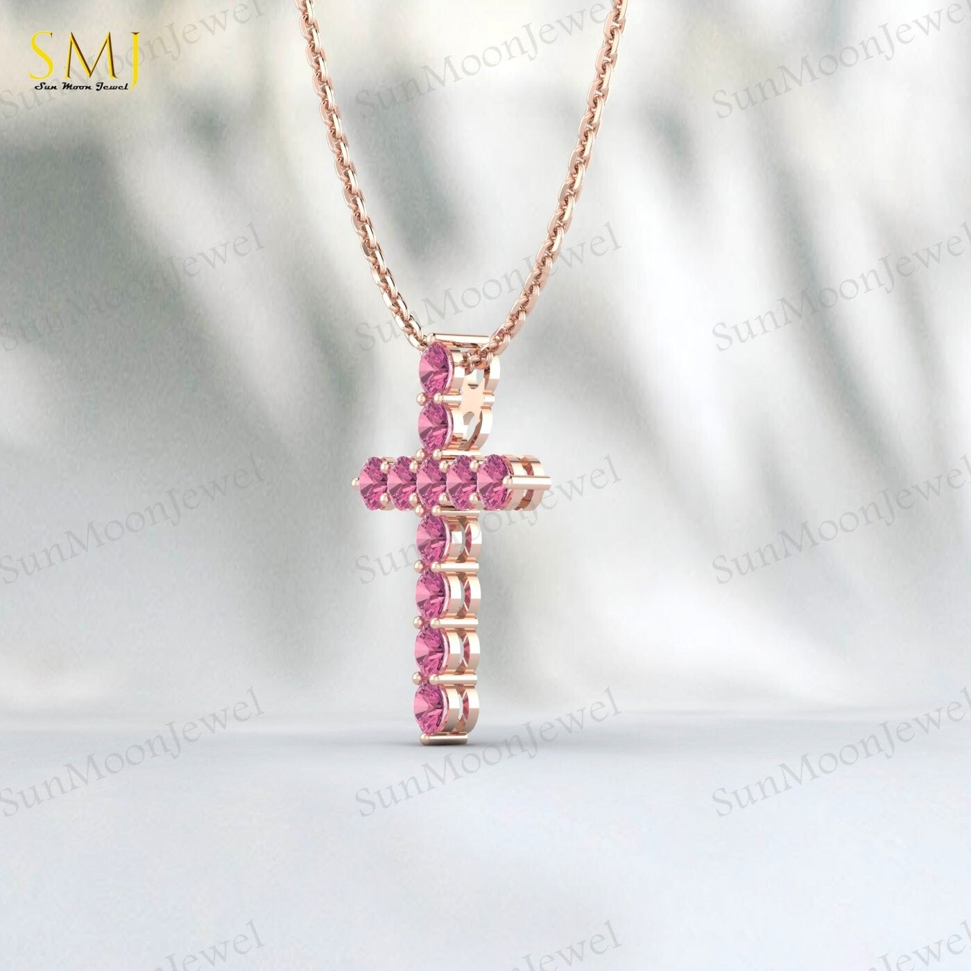 925 Silver Natural Pink Tourmaline Cross Necklace Pendant December Birthstone
