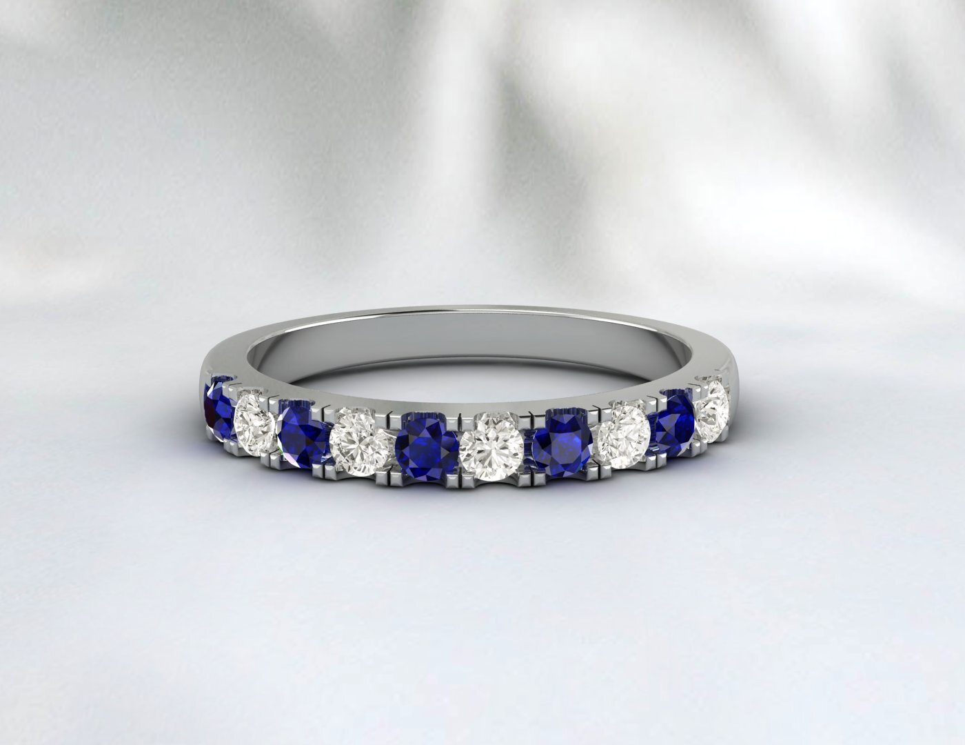 Blue Sapphire Half Eternity Band With Cz Diamond 925 Sterling Silver Lab Created