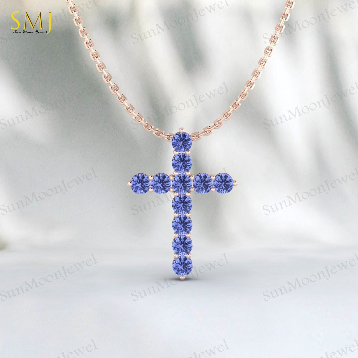Natural Blue Tanzanite Cross Pendant 925 Sterling Silver Necklace