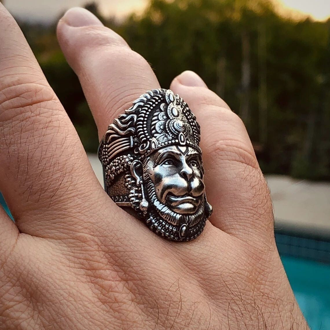 925 Sterling Silver Divine Hanuman Ring Monkey God Protector Hindu God US5~15
