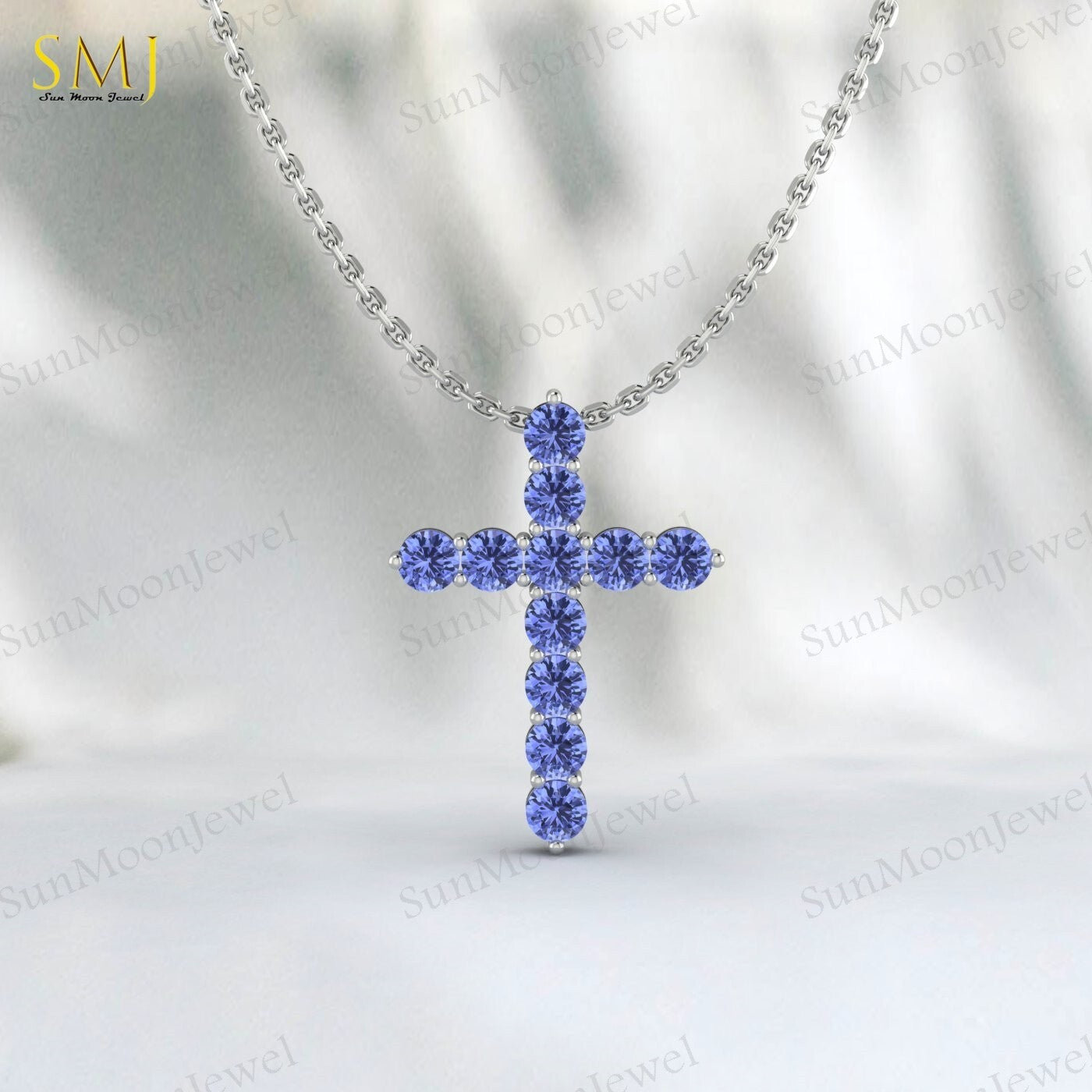 Natural Blue Tanzanite Cross Pendant 925 Sterling Silver Necklace