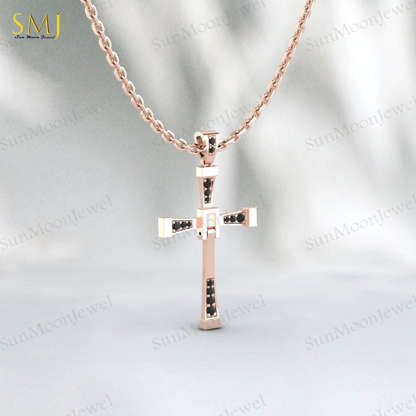 925 Silver Natural Black Onyx Cross Necklace Religious Charm Pray Rosary Pendant