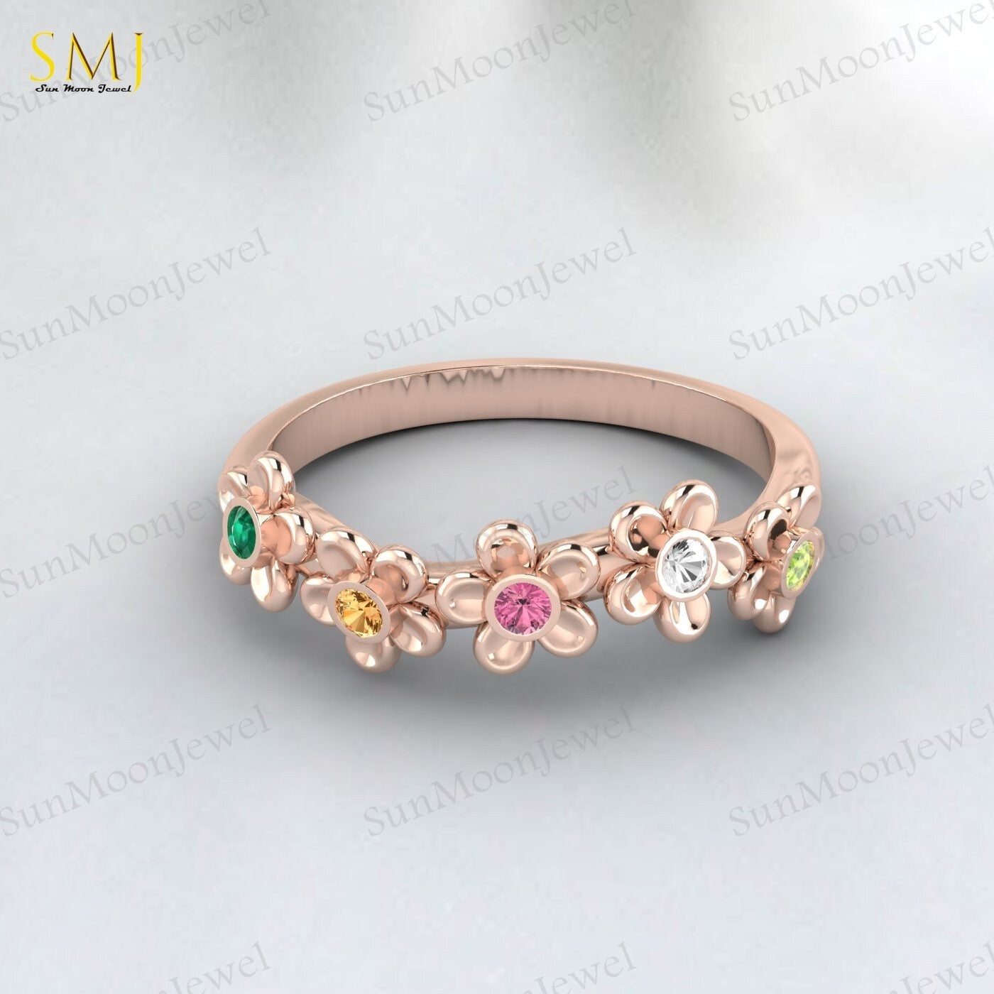 Natural Peridot Tourmaline Citrine Emerald Mutistone Flower Band in 925 Silver