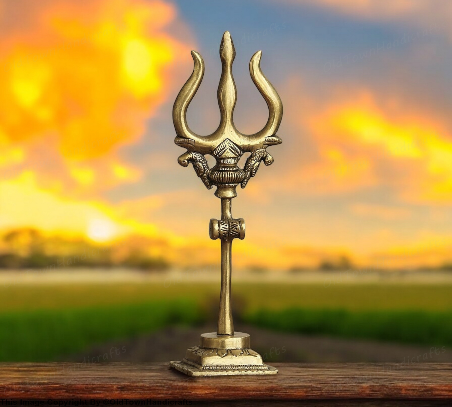 Brass Trishul with Damru Handcrafted Trishul Figurine Unique Gold Home Decor