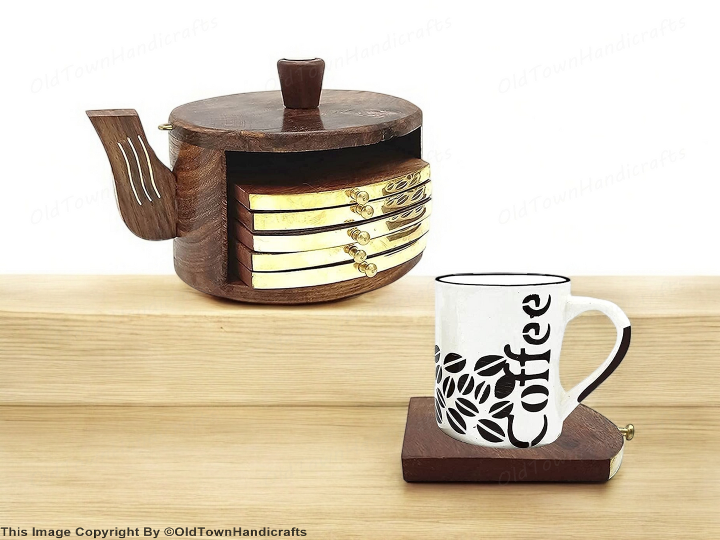 Wooden Tea Coaster Set of 6 Round Sheesham Wood with Brass Cattle Design, Gift
