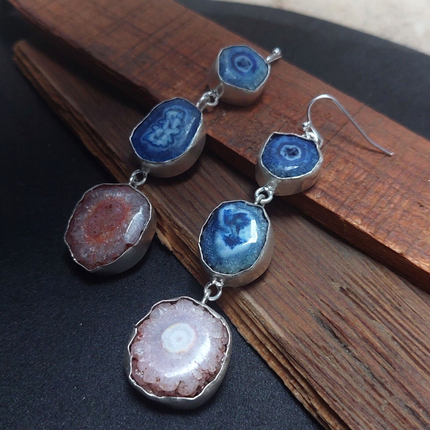 Natural Blue And Pink Solar Quartz 925 Sterling Silver Handmade Earring For Her