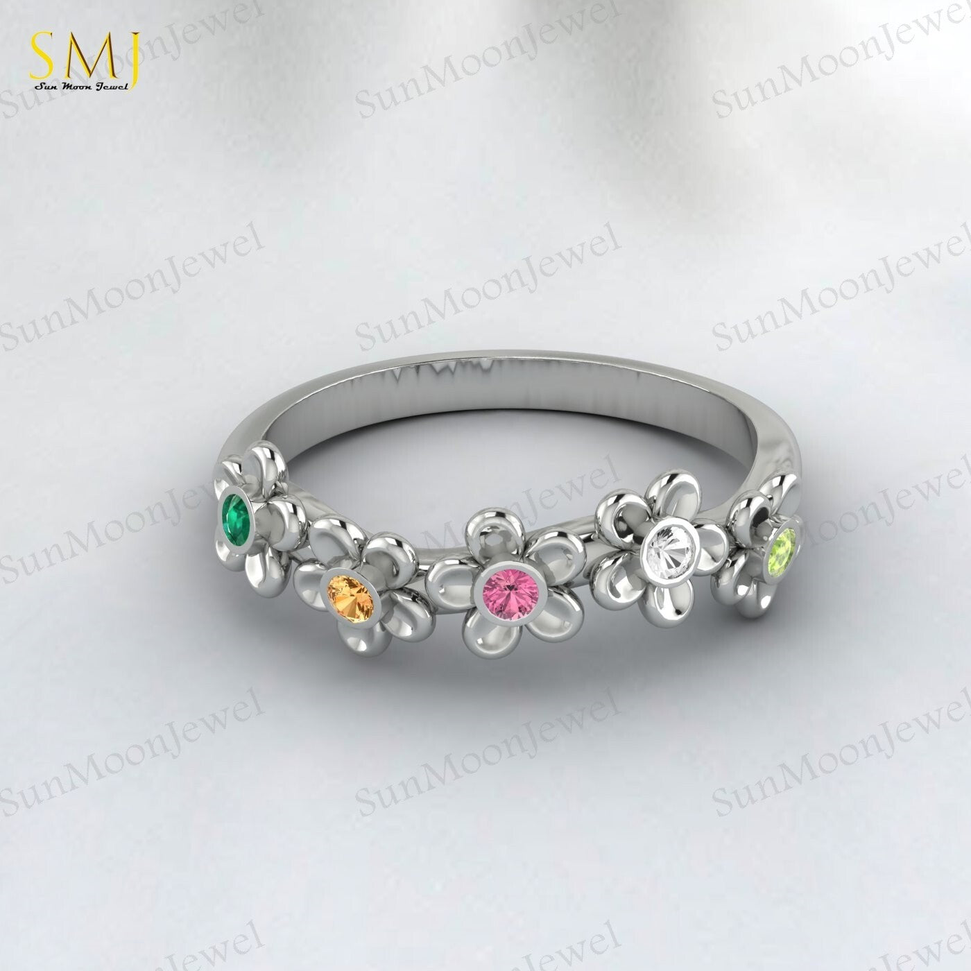 Natural Peridot Tourmaline Citrine Emerald Mutistone Flower Band in 925 Silver
