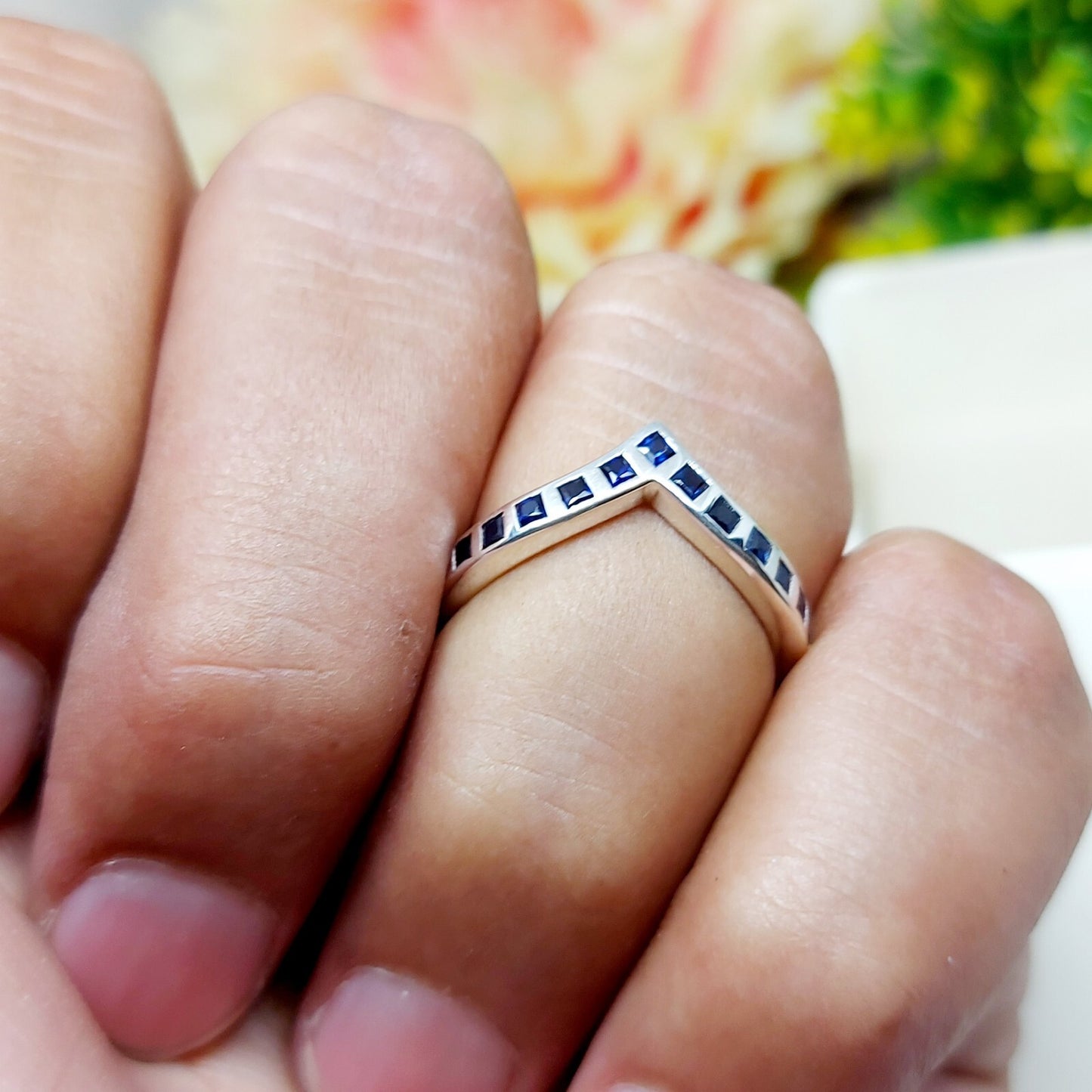 Princess Cut Blue Sapphire Curved Band 925 Sterling Silver Lab Created Ring Band
