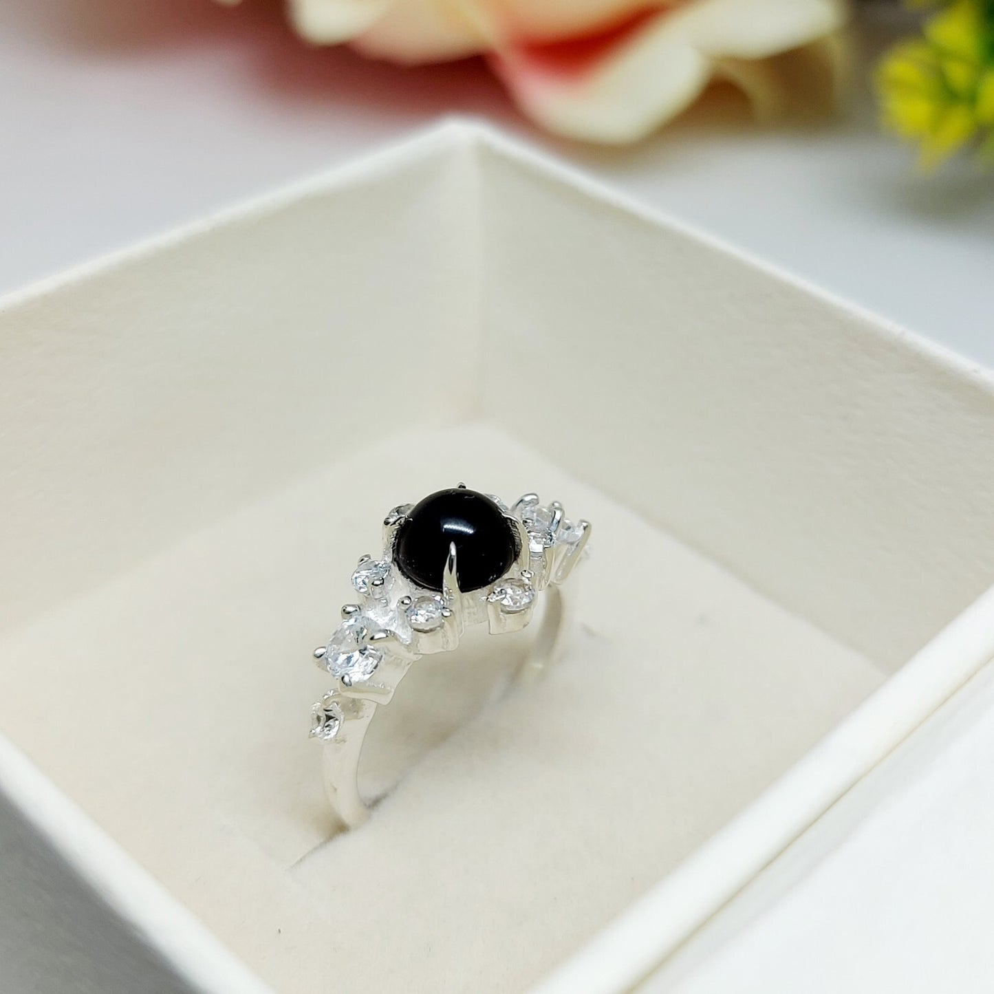 Natural Round Black Spinel Engagement Ring Cz Diamond 925 Sterling Silver Gift