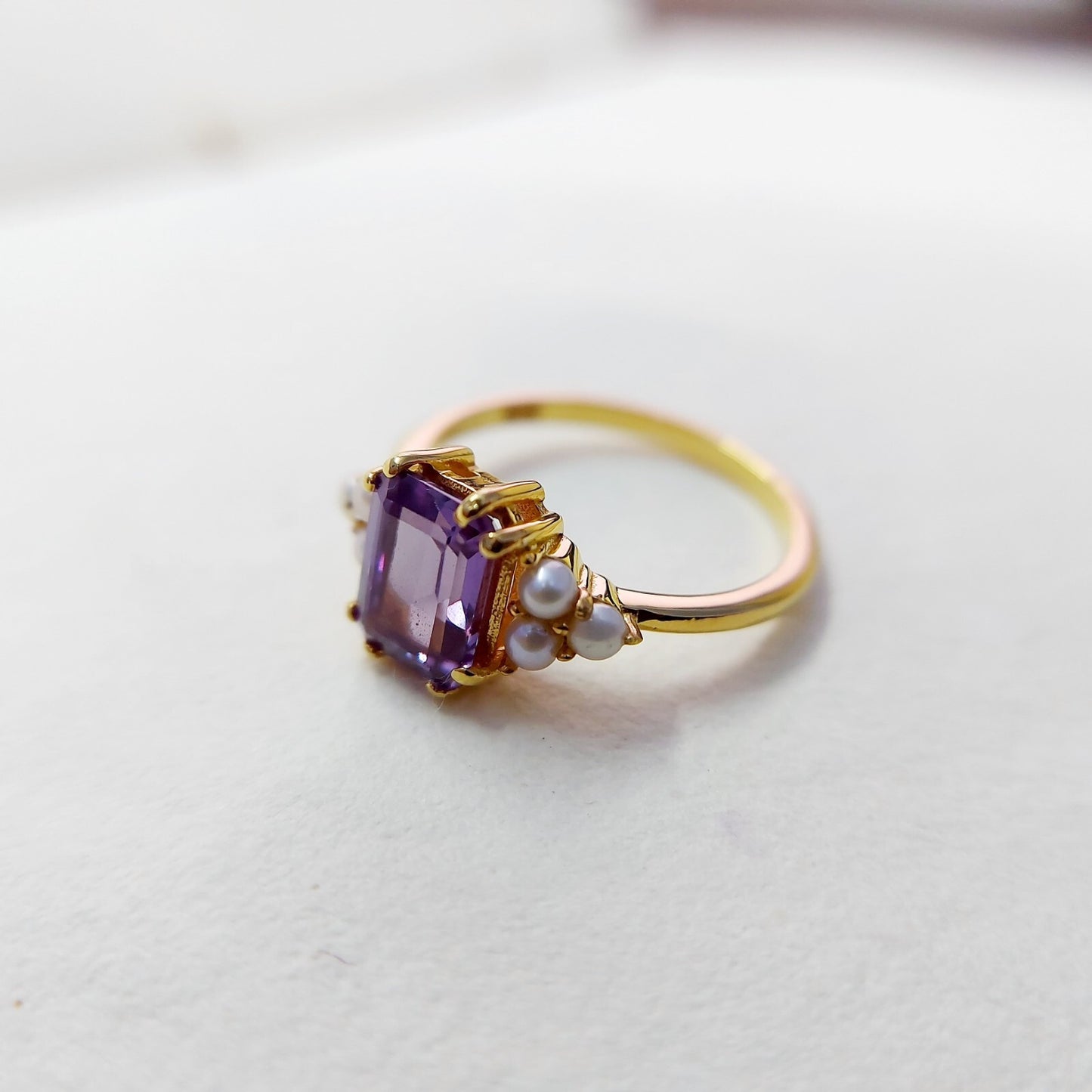 Emerald Cut Amethyst Pearl Ring 925 Silver Handmade Engagement Women Ring US5~15