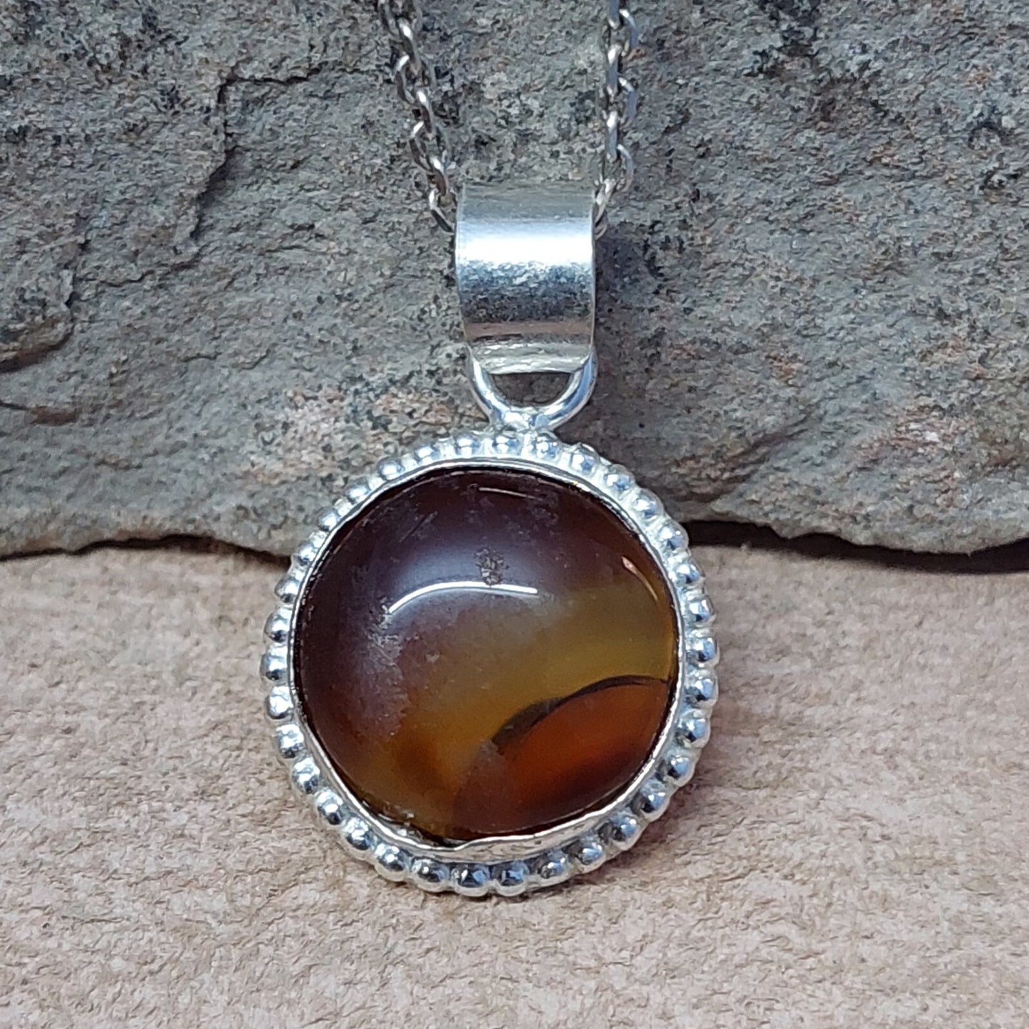 925 Sterling Silver Round Shape Brown Agate Pendant Only Pendant For Women