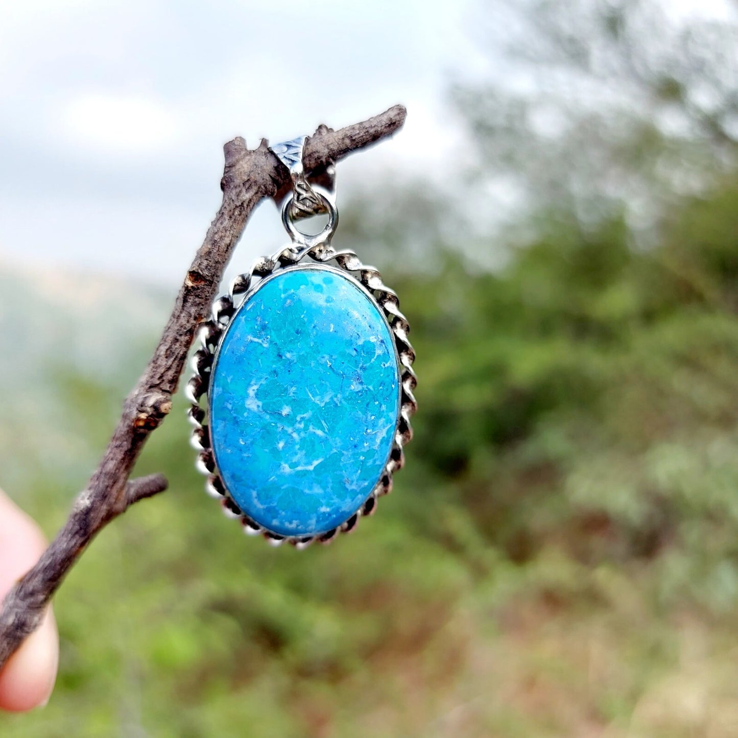 Oval Turquoise Sterling Silver Pendant Handmade Gemstone Celtic Rustic Mom Gift