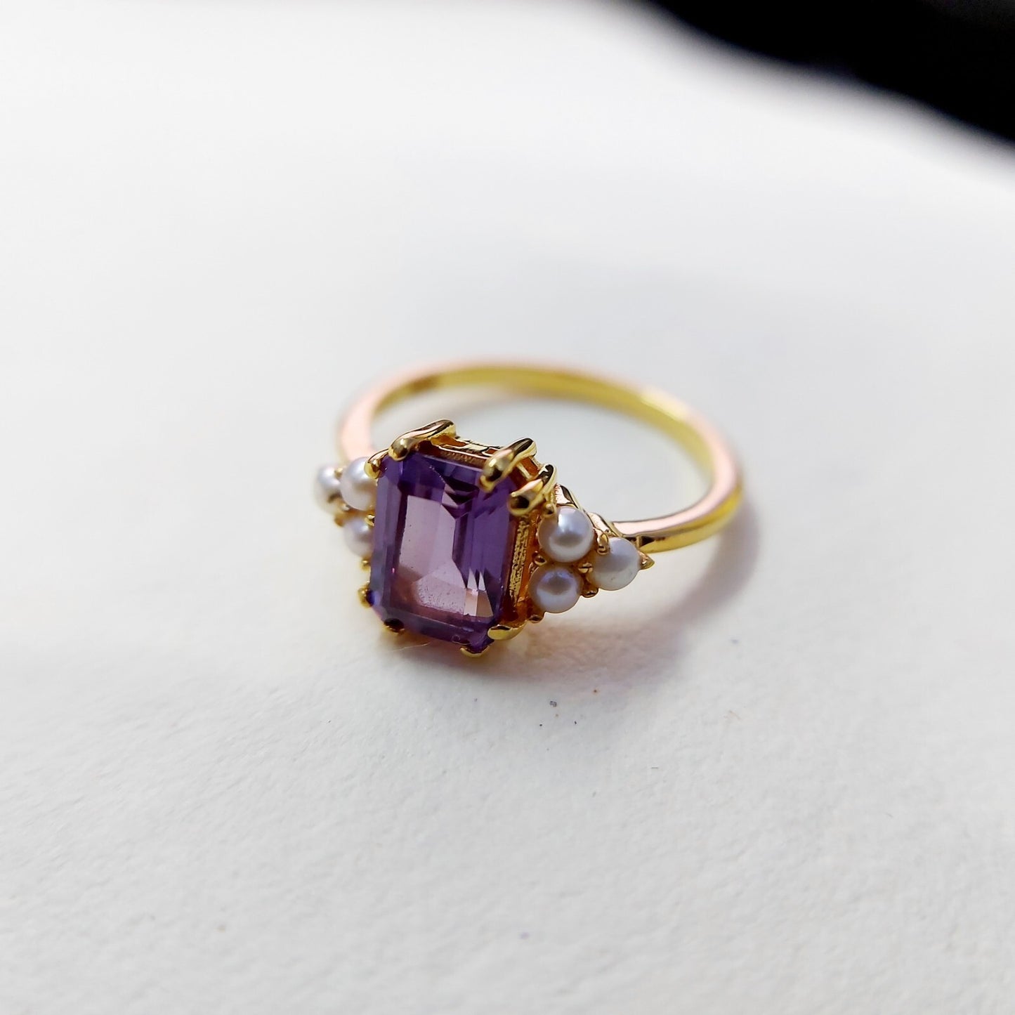 Emerald Cut Amethyst Pearl Ring 925 Silver Handmade Engagement Women Ring US5~15