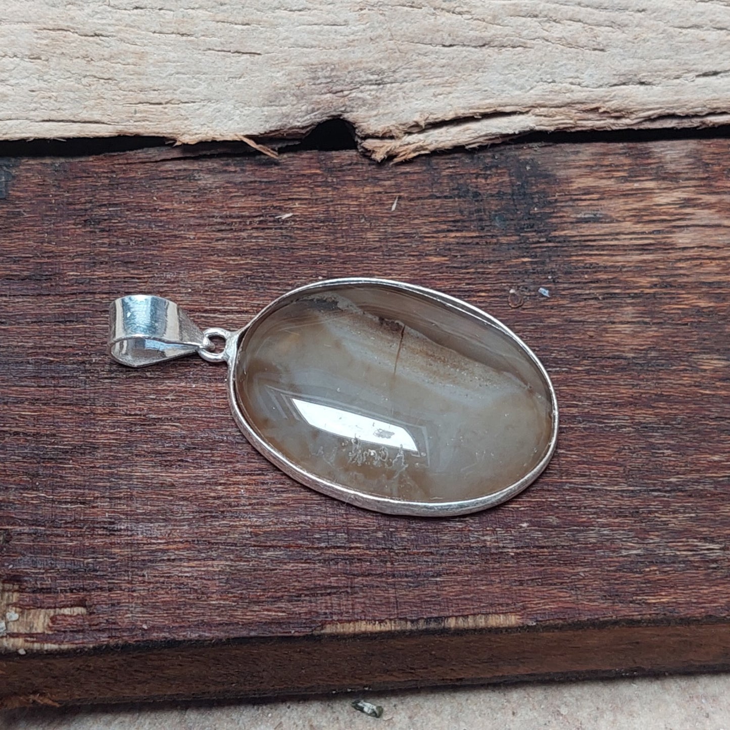 925 Sterling Silver Oval Natural Brown Banded Agate Pendant Wedding Gift