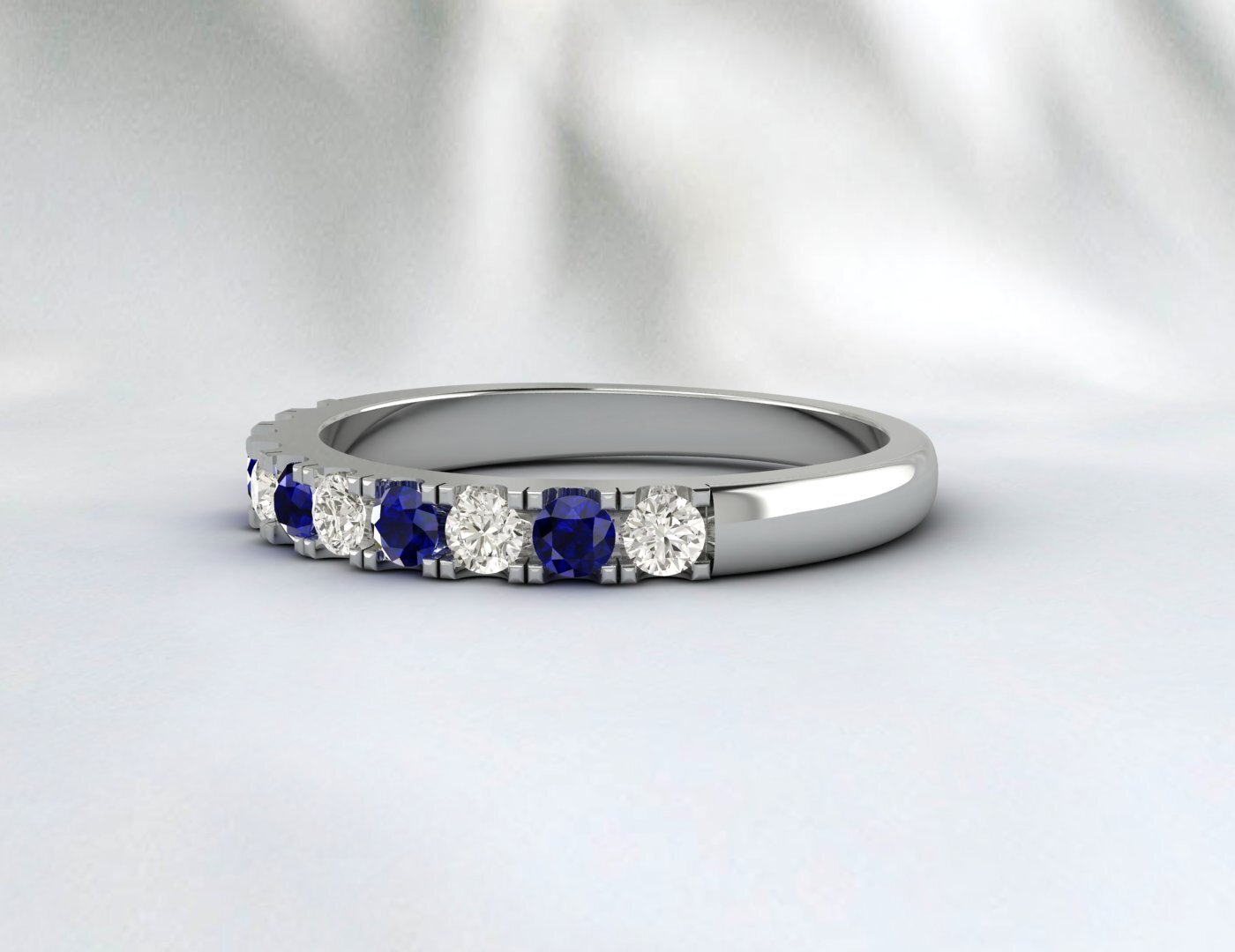 Blue Sapphire Half Eternity Band With Cz Diamond 925 Sterling Silver Lab Created