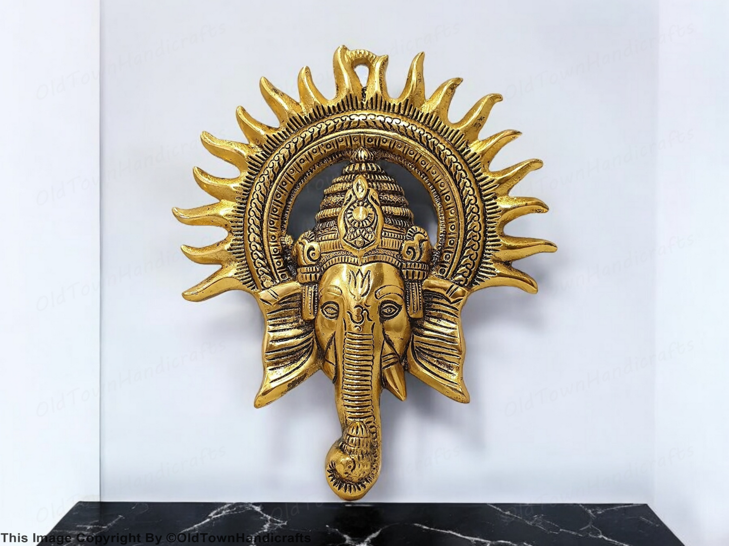 Brass Ganesha Idol with Surya Kiran Statue Hindu Ganesh Wall Decor Temple