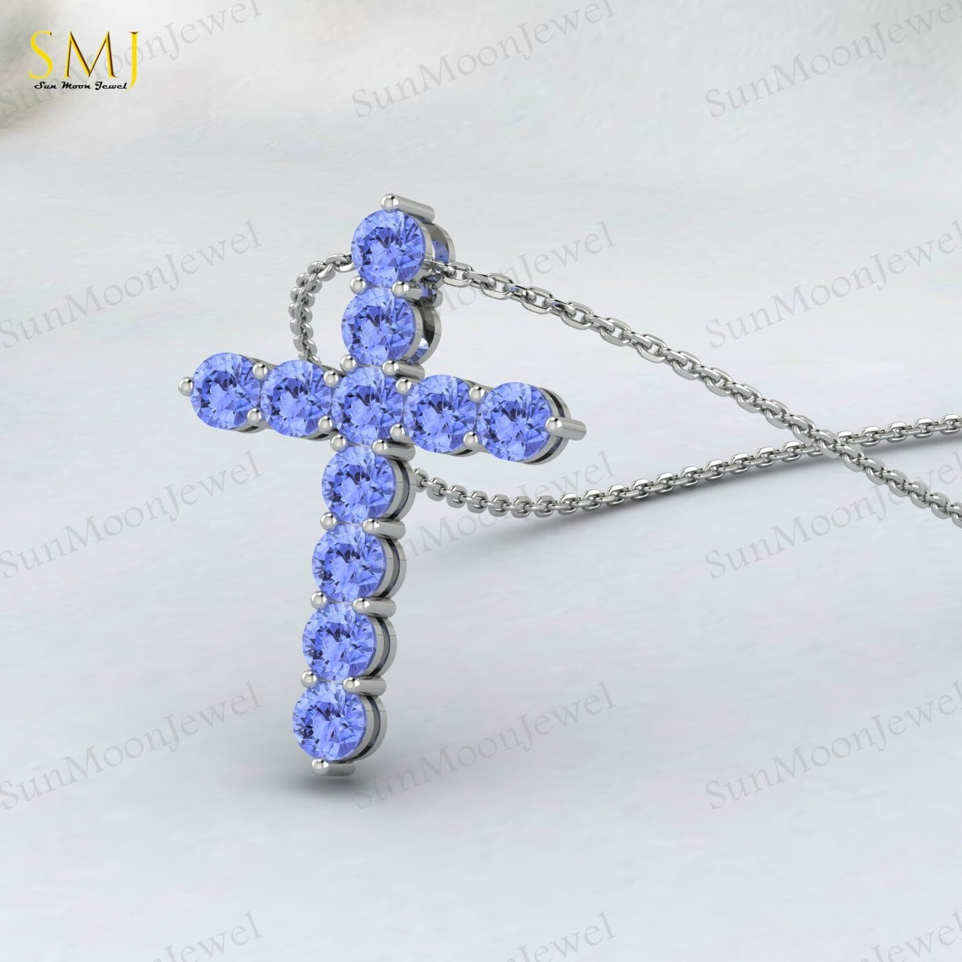 Natural Blue Tanzanite Cross Pendant 925 Sterling Silver Necklace