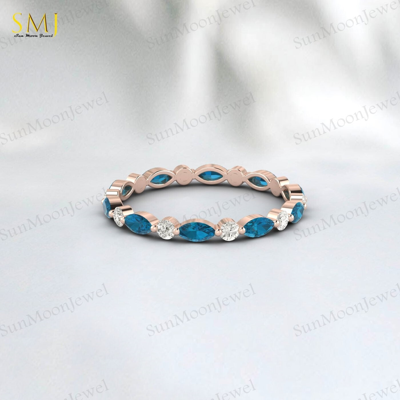Full eternity Natural London Blue Topaz wedding band Marquise 925 Silver
