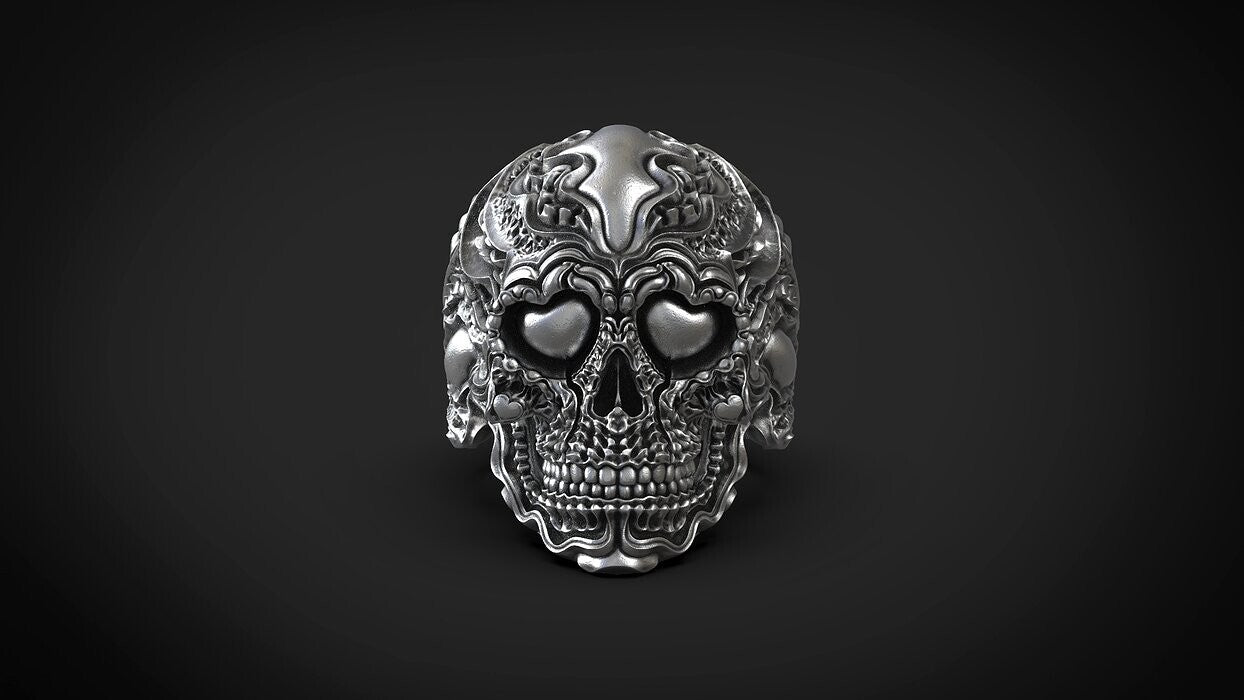 925 Sterling Silver Biomechanical Skull of Love Ring US7~15 Oxidized Biker Rider