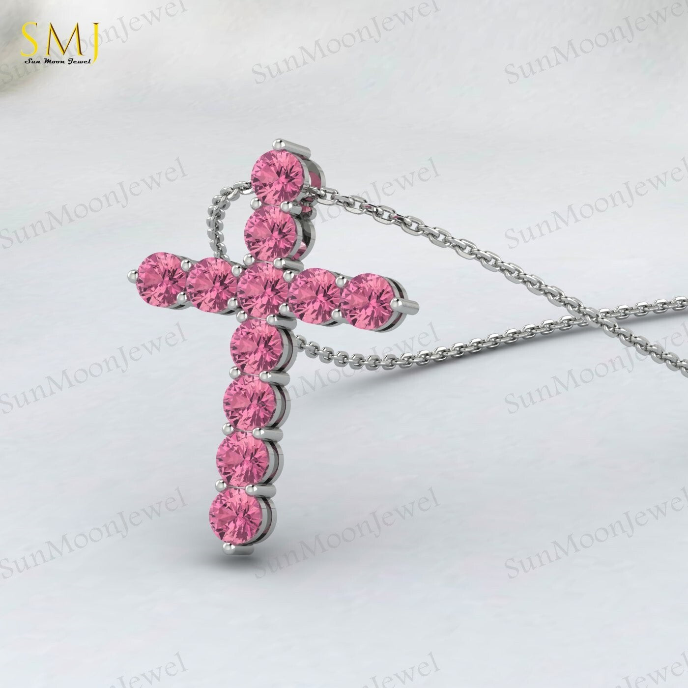 925 Silver Natural Pink Tourmaline Cross Necklace Pendant December Birthstone