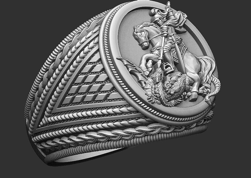 Saint George Dragon Ring 925 Silver Biker Signet Ring US5~15 Bold Statement Ring