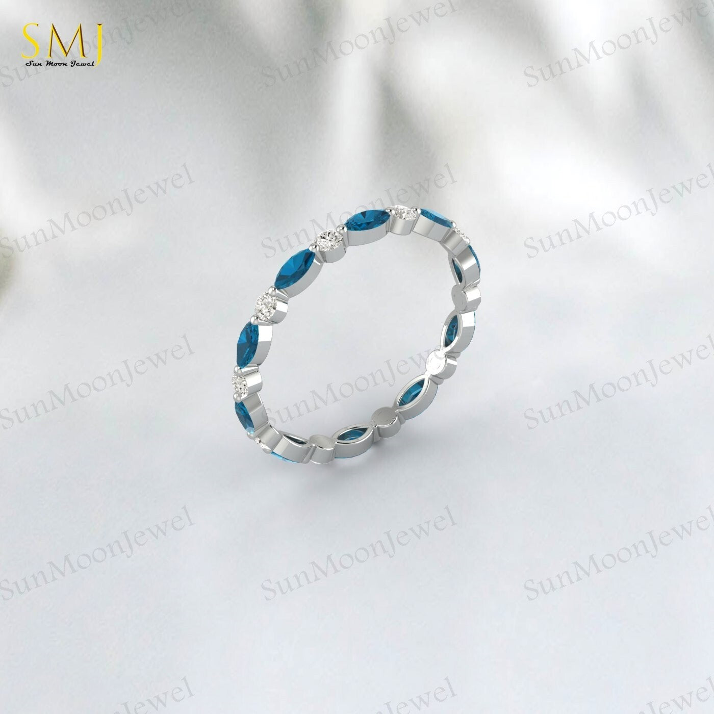 Full eternity Natural London Blue Topaz wedding band Marquise 925 Silver