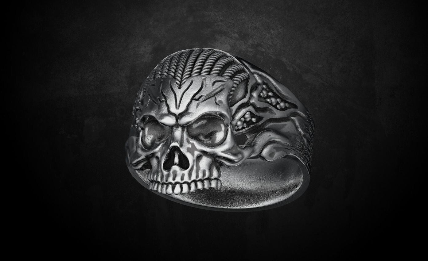 Vintage Silver Skull Rope Biker Gothic Ring US5~15 Bold Punk Retro Biker Ring