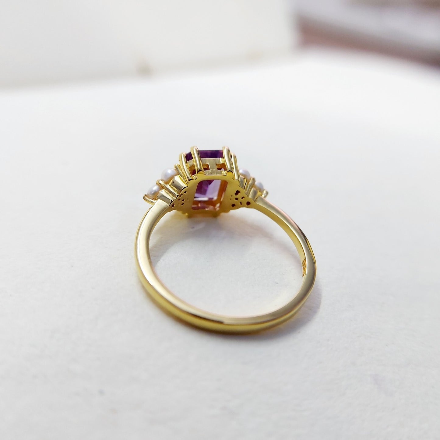 Emerald Cut Amethyst Pearl Ring 925 Silver Handmade Engagement Women Ring US5~15