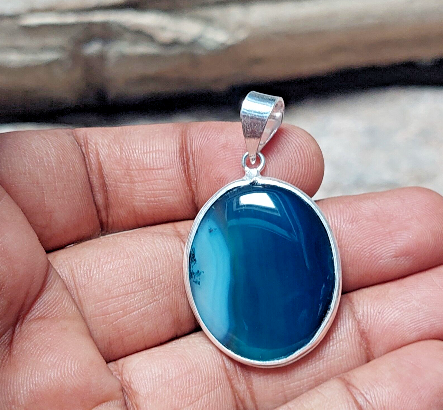 Blue Banded Agate Stone Handmade Silver Pendant 925 Sterling Silver Necklace