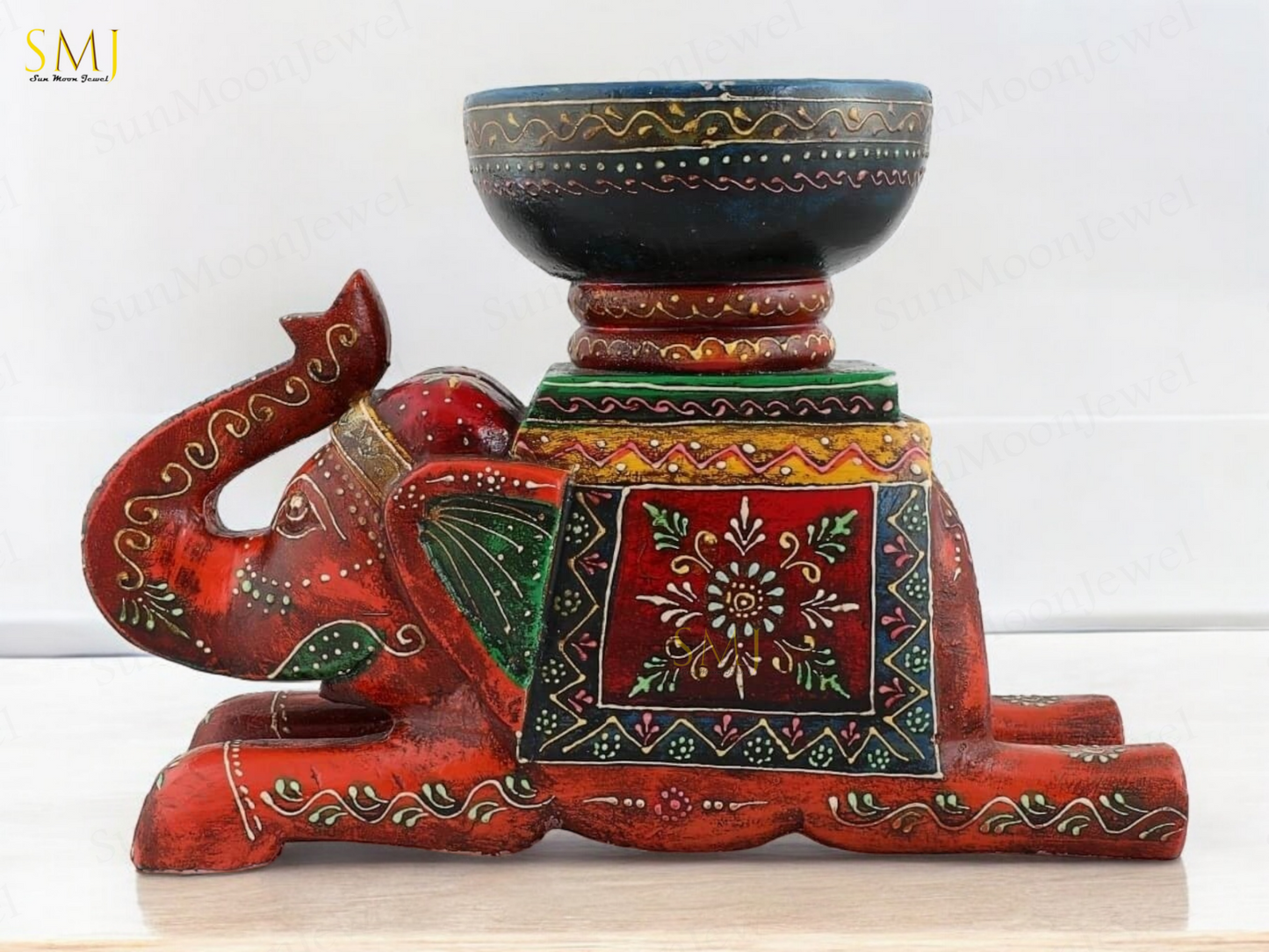 Wooden Painted Sitting Elephant Bowl Decorative Home & Gift Item Elephant Bowl
