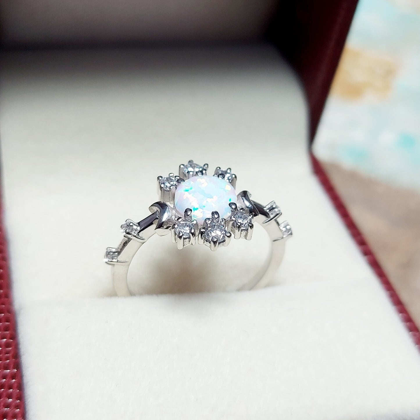 Natural Opal Ring Round Cut CZ Cluster 925 Silver Gift Ring US5~15 Vintage Look