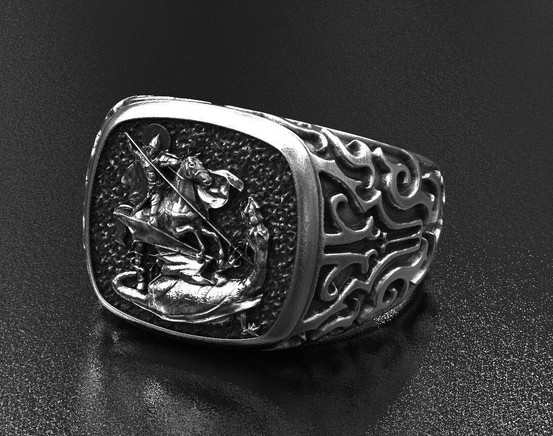St Saint Michael Archangel Ring Sterling Silver Signet US5-15 Protection Unisex