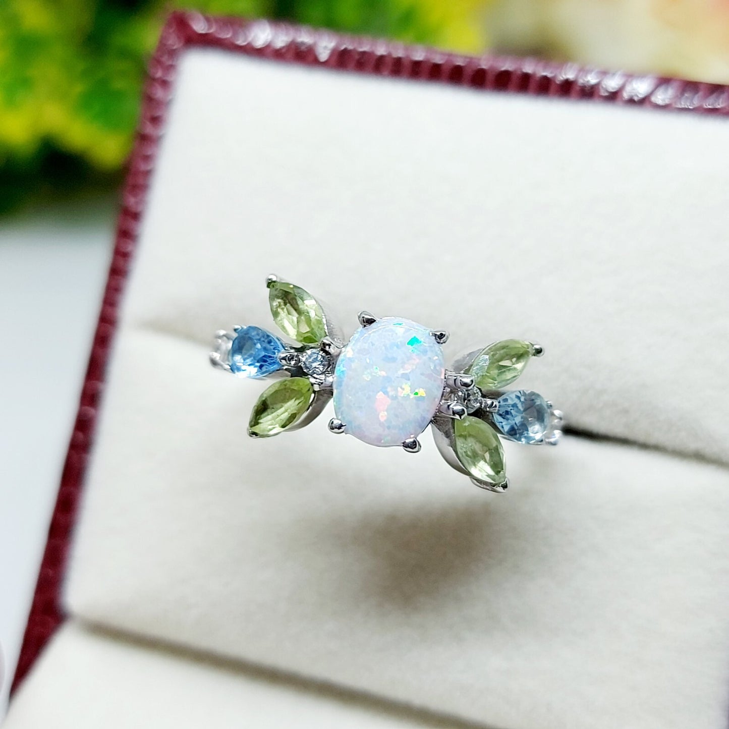 925 Silver Peridot Opal Cluster Ring Oval Cut Opal Promise Wedding Ring US5 ~15