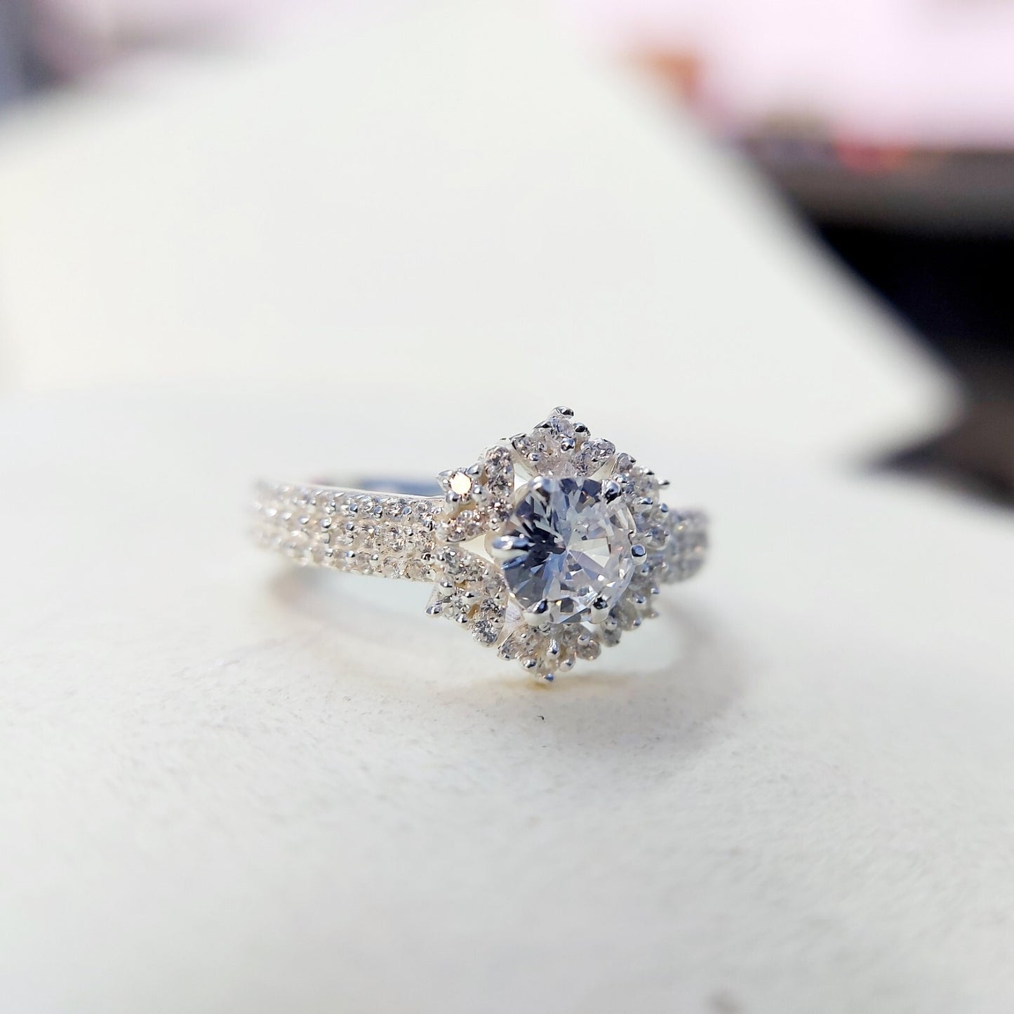 Halo Moissanite Flower Ring Lab Grown Silver Ring for Women Wedding Gift US5-15