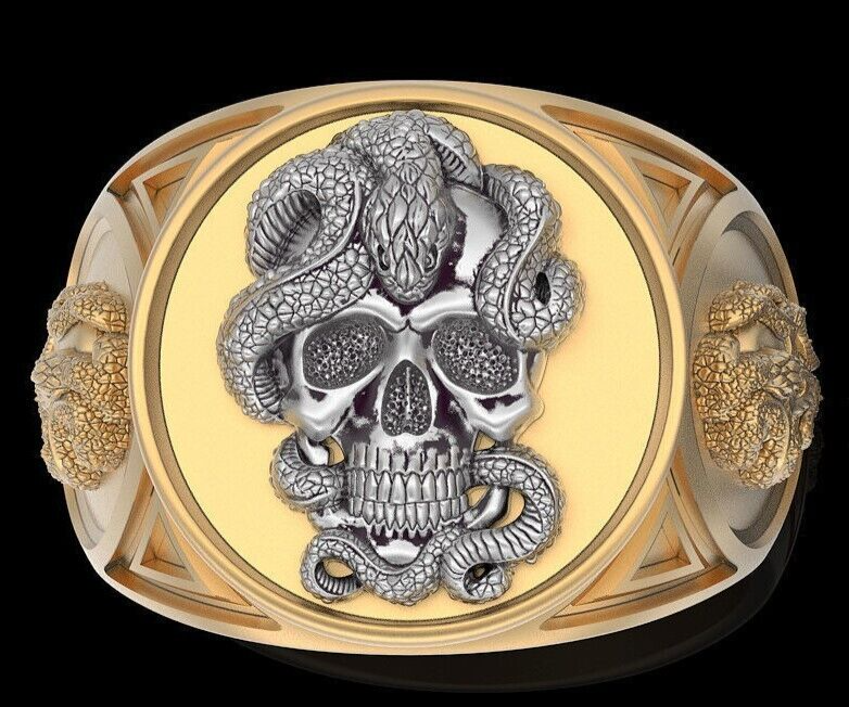 Gothic Snake Skull Ring Brass Retro Biker Punk Men Unique Jewelry Gift US5~15